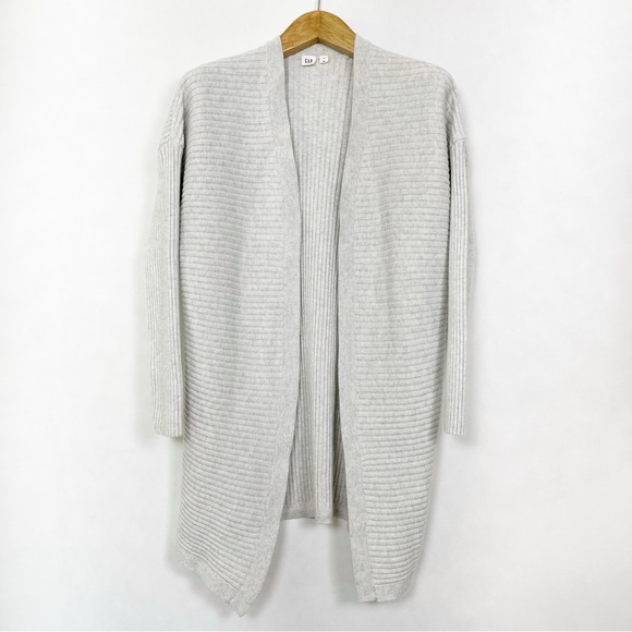 GAP Sweaters - GAP Light Grey Ribbed‎ Long Open-Front Cardigan Sweater Size Large Wool Blend